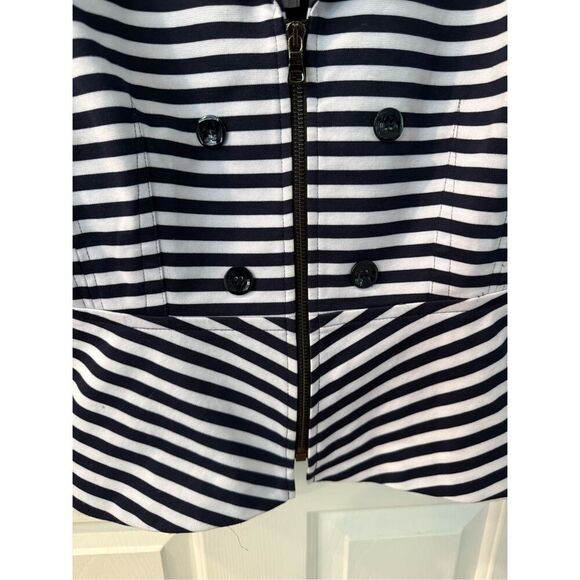 Tahari Navy & White Stripe Peplum Zip Up Origami Collar Jacket Blazer sz 12 NWOT - Picture 2 of 9